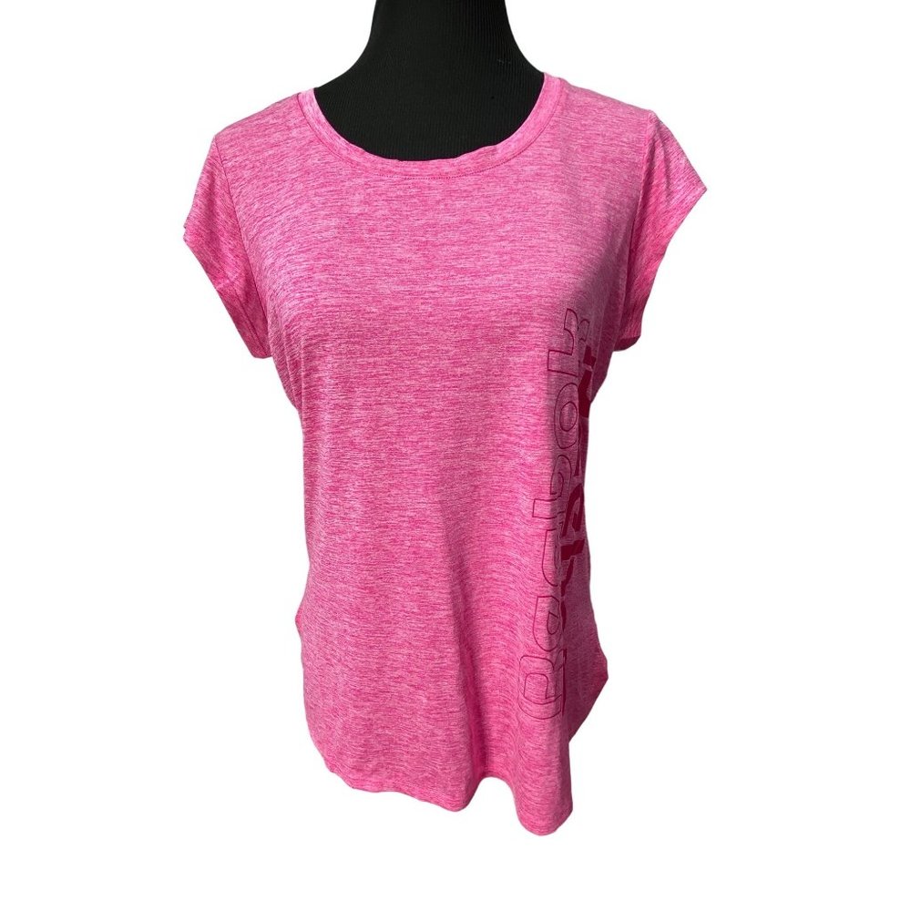 Reebok Women's Pink Space Dye Cap Sleeve Tee Side Logo Slim Fit Size Medium Hi L